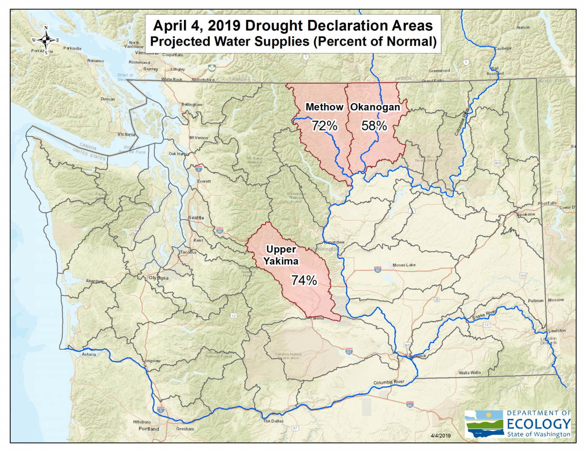 Map showing drought declaration for Methow, Okanogan and Upper Yakima watersheds.