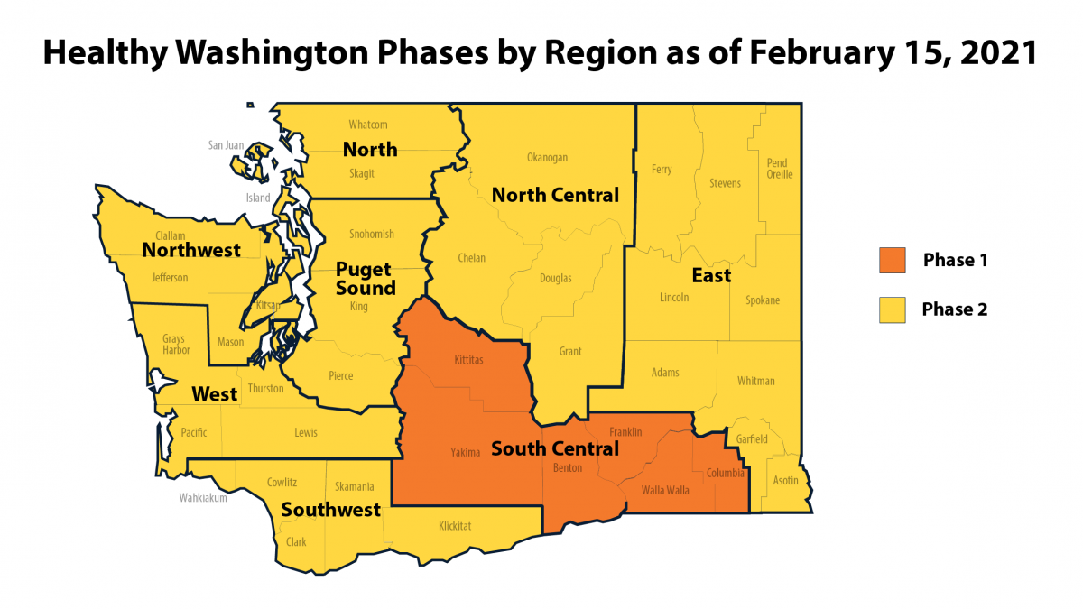Map of Washington showing which regions are in which phases