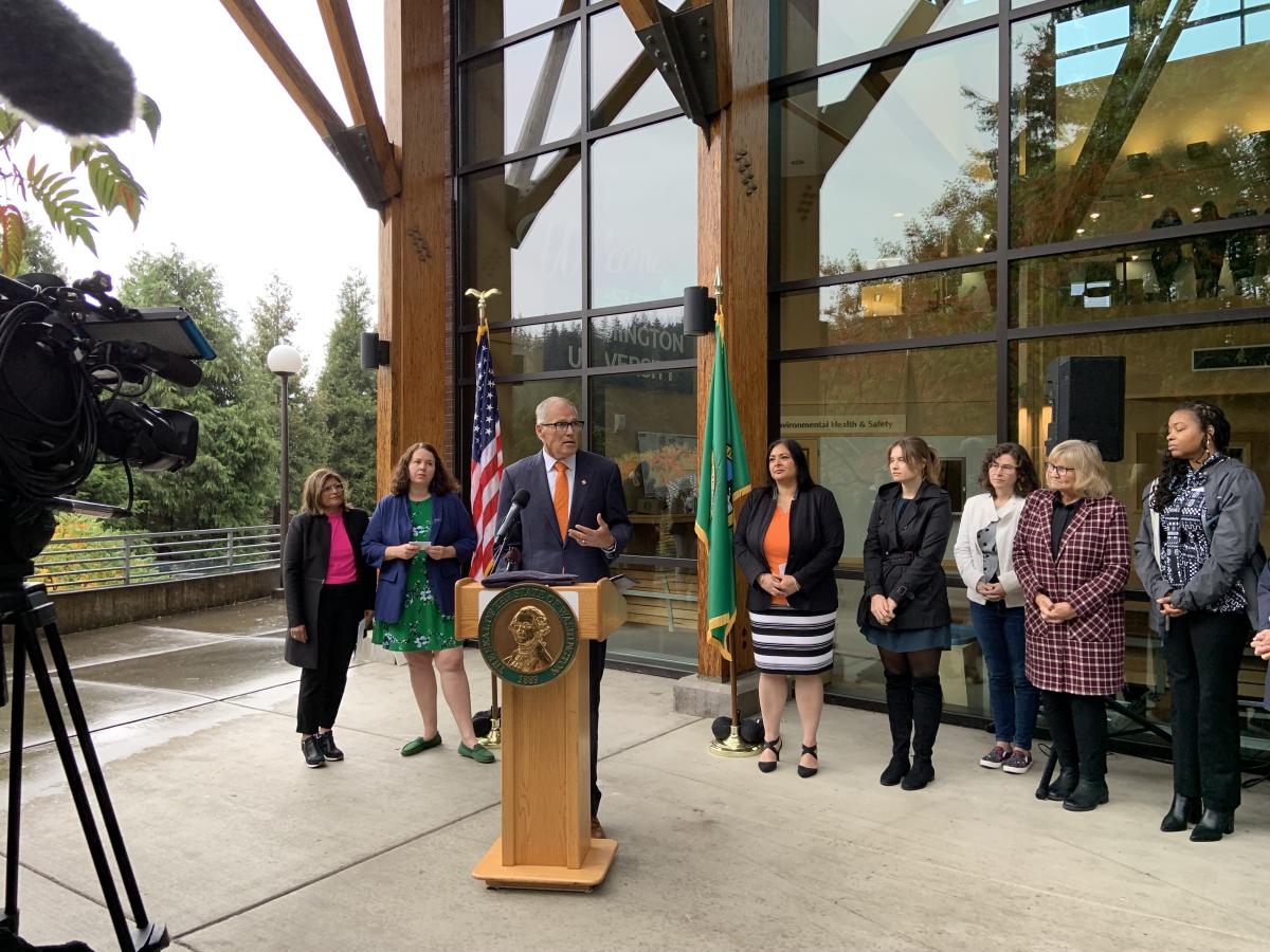 Gov. Jay Inslee and state legislators announce a pro-choice 2023 legislative agenda in Bellingham, WA