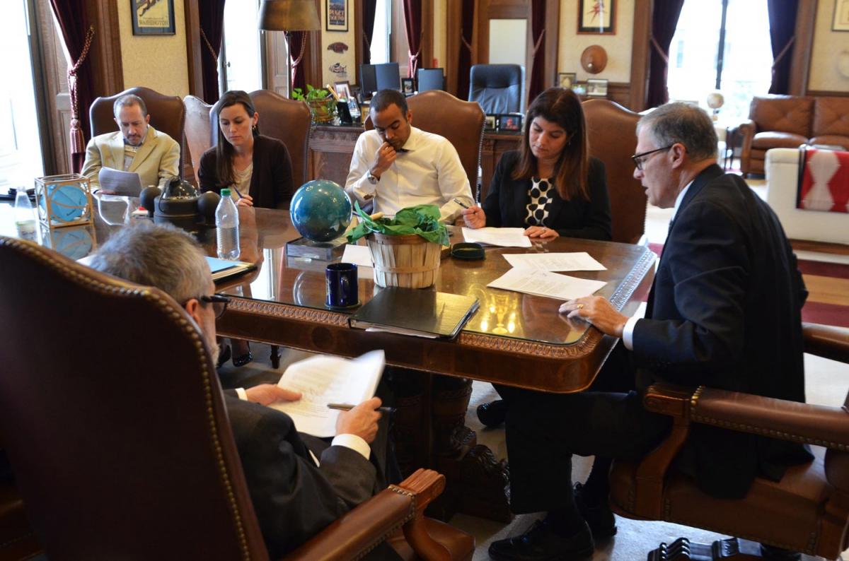 Gov. Inslee and staff prepare for his 2016 State of the State Address, Jan 11, 2015.