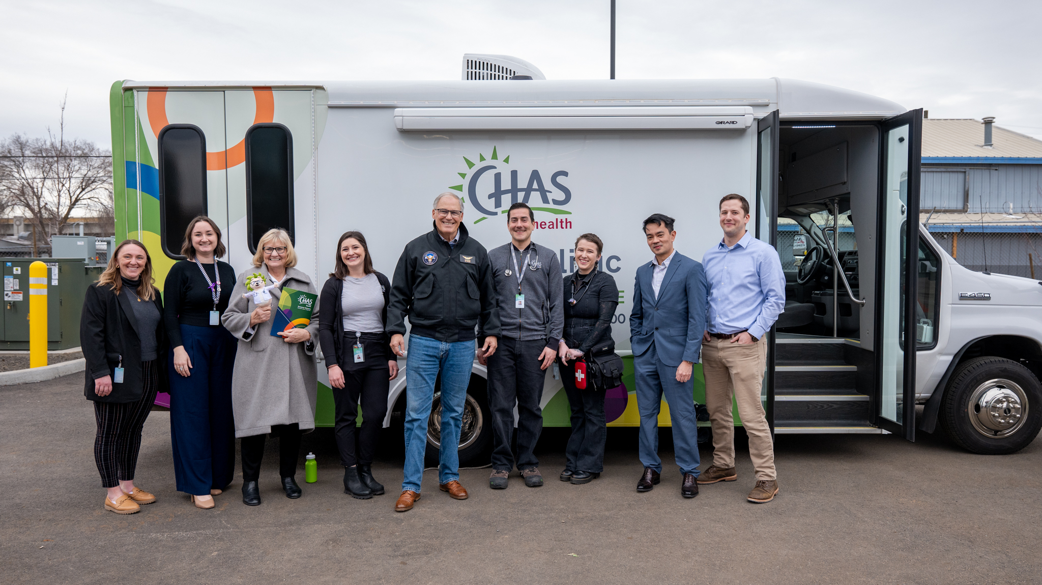From left to right: Health Equity Director, Shelby Lambdin, Public Policy Specialist, Mary Miller, Trudi Inslee, Mobile Medicine Provider Zoey DeLeon, Gov. Inslee, Lead Street Medicine Provider, Louis Manriquez, MD, Wilfred Madagrang, MD and RN William Matney