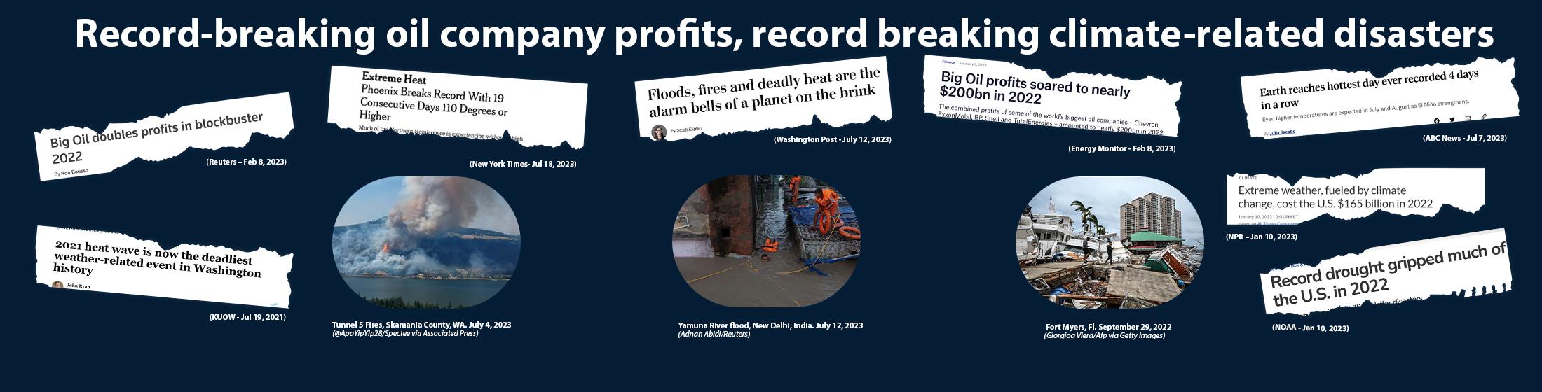 A graphic collage of tear-out headlines depicting the effects of climate disasters on our worldwide communities.