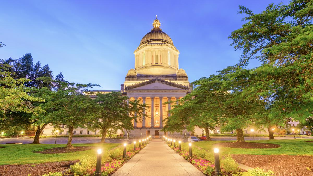 Lighted pathway ending at a lighted Capitol building