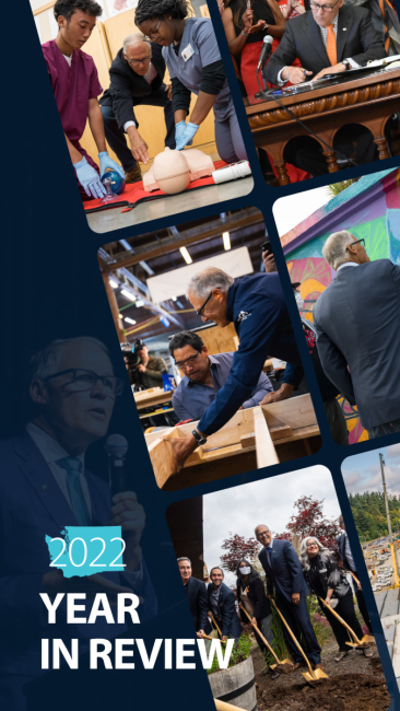 A collage of Gov. Jay Inslee's activities in 2022. The governor digs in a shovel at a groundbreaking, participates in an education exercise with medical students, and helps build a tiny home.