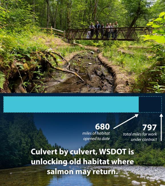 A group poses for a photo on a footbridge over a repaired streambed. A graph shows the state making progress on fish passage.