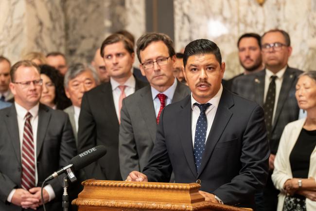 Rep. Julio Cortes, D-Everett, joins Governor Ferguson to respond to U.S. Attorney General Pam Bondi's letter on Aug. 19.